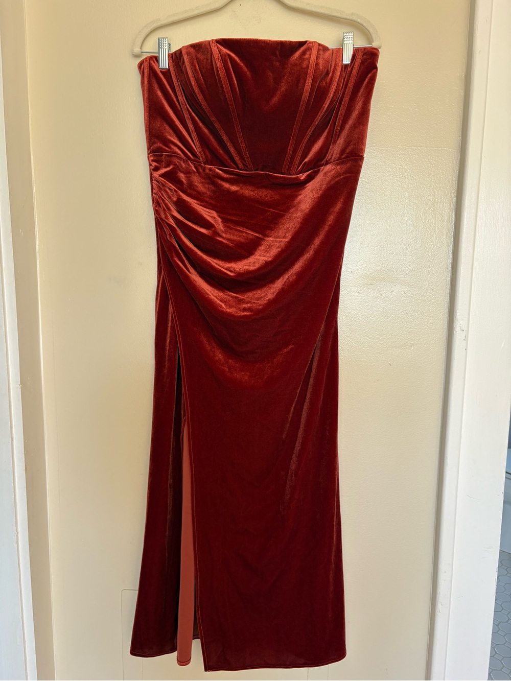 Azazie Strapless Burnt Orange Velvet Evening Gown